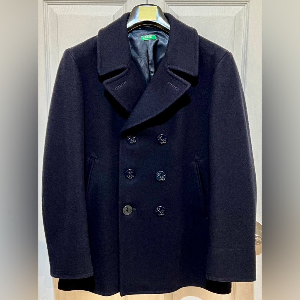United Colors of Benetton Short Double-Breasted Peacoat in Navy Blue, Size 46 EU